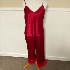 Linea Donatella Red Satin Camisole & Feather Trim Pajama Set